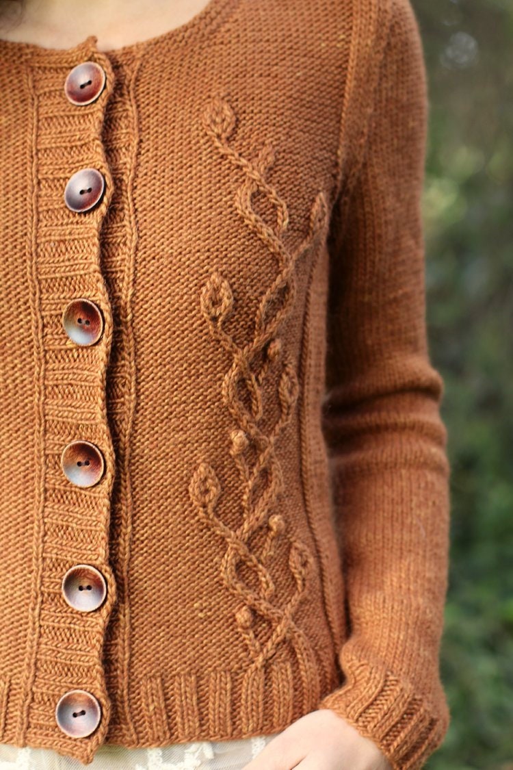 Cabled Leafy Buttoned Cardigan Pattern • Flourish Knitting Pattern PDF • Intermediate Knit Pattern