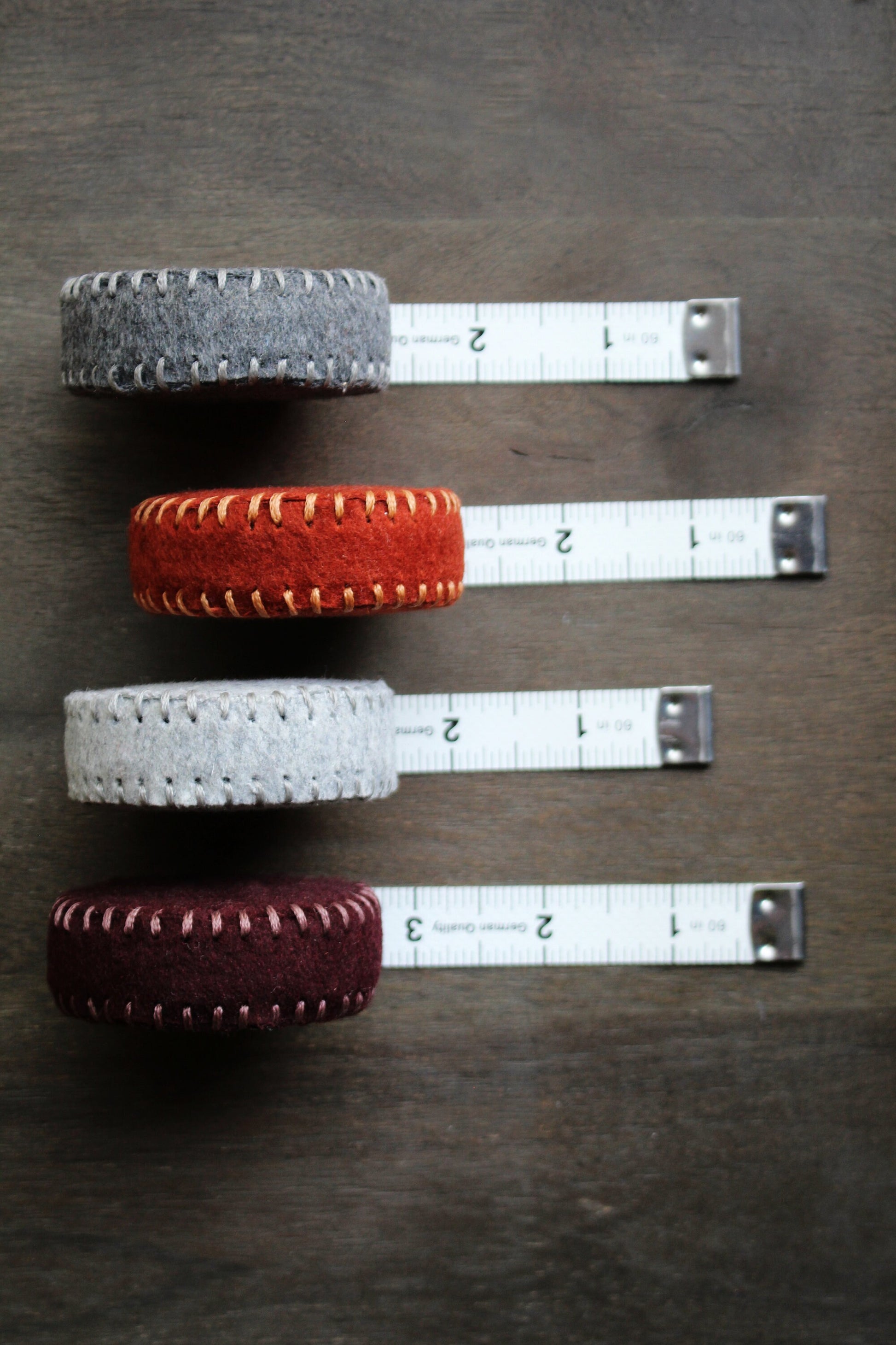 Felt Sewing Tape Measure • Hand-Stitched Woolen Tape Measures • Minimalist Sewing Accessories in Grey, Rust and Purple • Gift for Seamstress