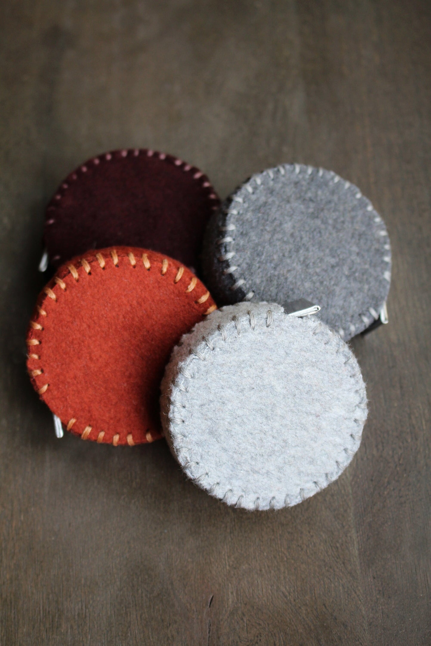 Felt Sewing Tape Measure • Hand-Stitched Woolen Tape Measures • Minimalist Sewing Accessories in Grey, Rust and Purple • Gift for Seamstress
