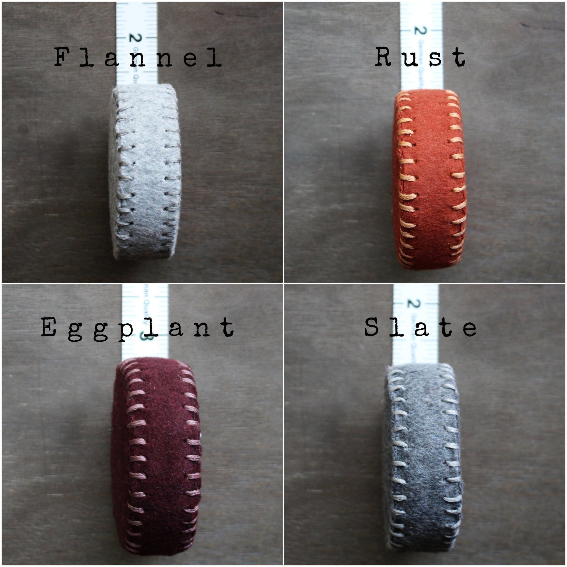 Felt Sewing Tape Measure • Hand-Stitched Woolen Tape Measures • Minimalist Sewing Accessories in Grey, Rust and Purple • Gift for Seamstress