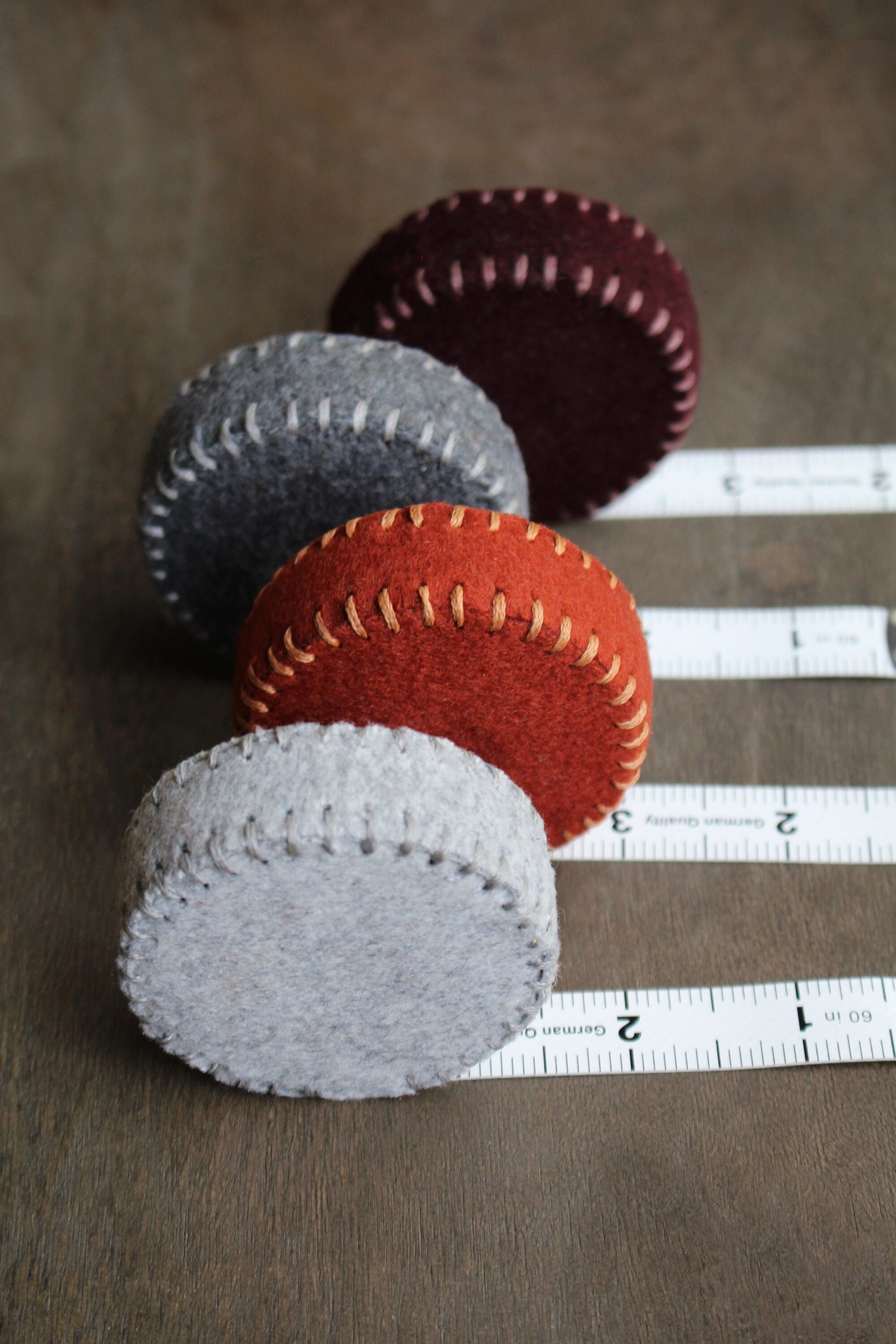 Felt Sewing Tape Measure • Hand-Stitched Woolen Tape Measures • Minimalist Sewing Accessories in Grey, Rust and Purple • Gift for Seamstress