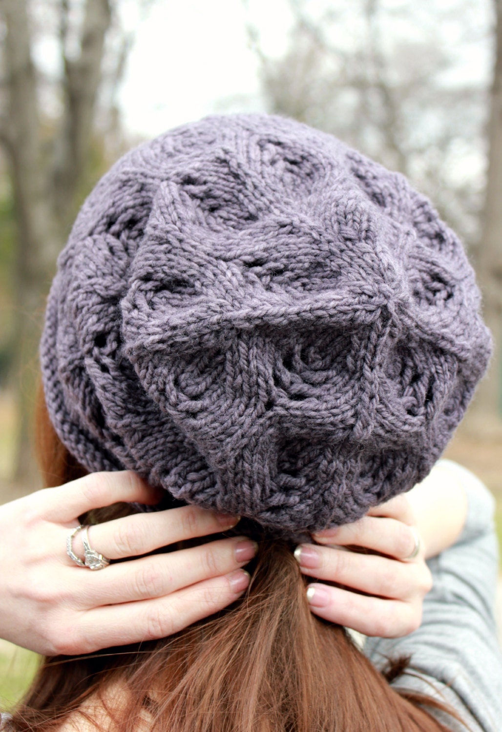 Slouchy Lace Leaf Hat Pattern • Plum Tree Slouch Knitting Pattern PDF • Intermediate Knit Pattern