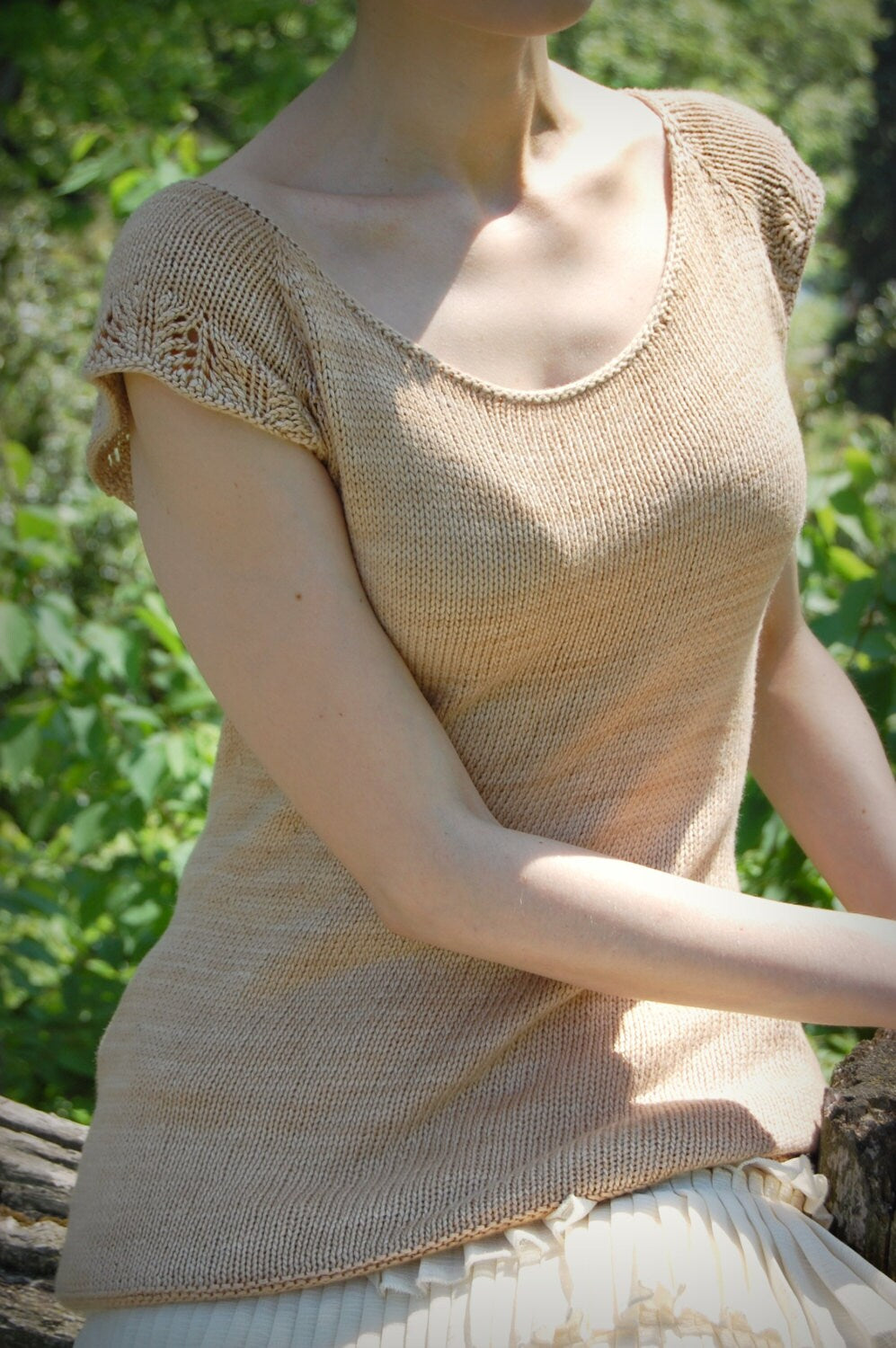 Women's Top Knitting Pattern with Lace Flutter Sleeves • Adult Spring Garden Tee Knitting Pattern PDF • Intermediate Knit Pattern