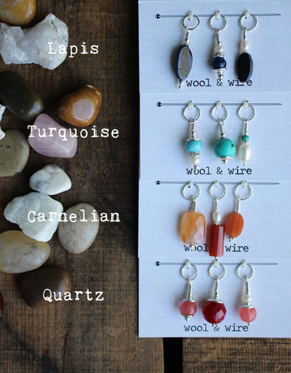 Stitch Marker Jewelry • Wool & Wire / Gemstone and Pearl Stitch Markers (Set of 3) • Unique Knitting Gift for Women