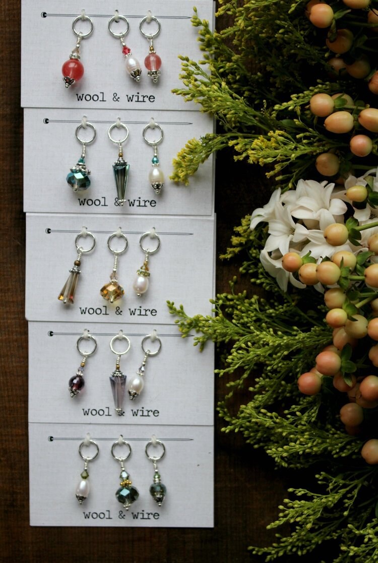 Jewelry for Knitters • Wool & Wire / Crystal and Pearl Stitch Markers (Set of 3) • Unique Knitting Gift for Women