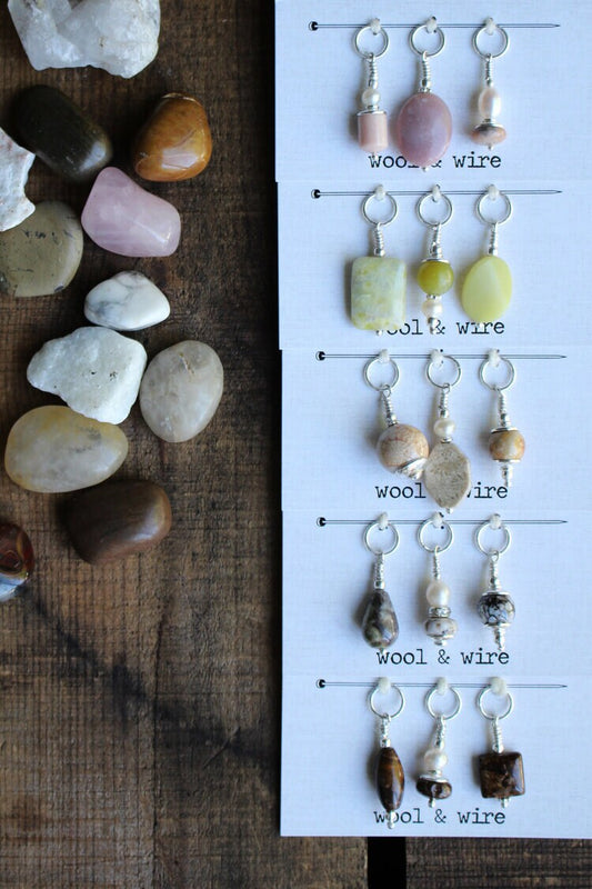 Stitch Marker Jewelry • Wool & Wire / Gemstone and Pearl Stitch Markers (Set of 3) • Unique Knitting Gift for Women