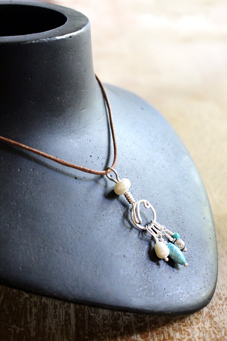 Jewelry for Knitters • Wool & Wire / Original Stitch Marker Necklace with Turquoise and Pearls • Unique Knitting Gift for Women