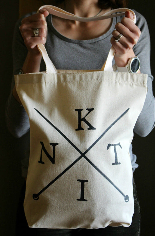 Cotton Canvas Tote for Knitters • K. N. I. T. Cotton Tote • Black and White Minimalist Large Carryall Project Bag