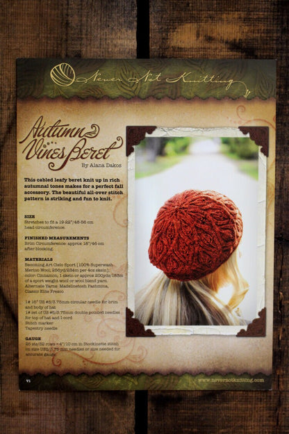 Beret Knitting Pattern • Autumn Vines Beret Printed Knitting Pattern • Knitting Pattern Gift