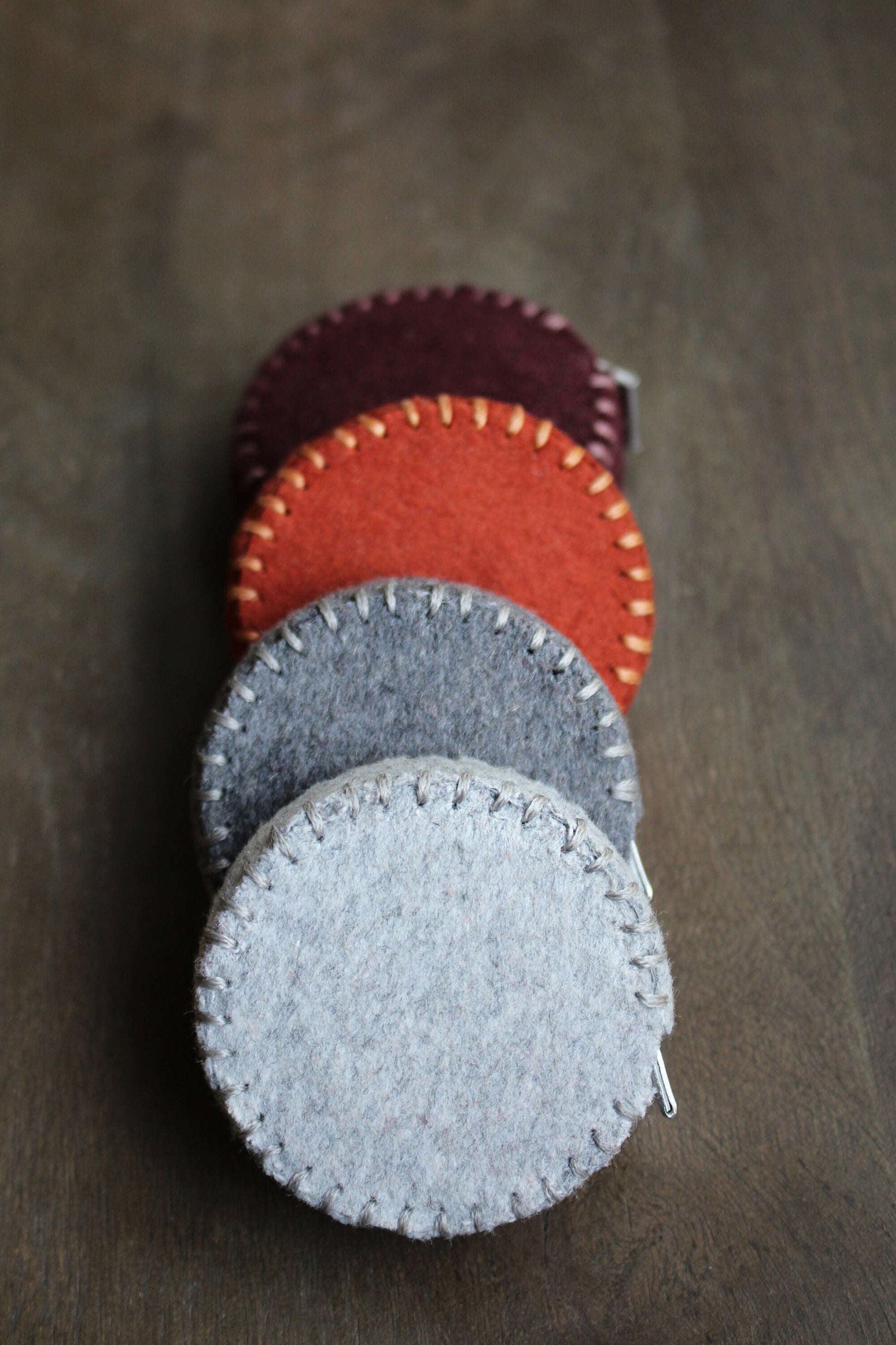 Felt Sewing Tape Measure • Hand-Stitched Woolen Tape Measures • Minimalist Sewing Accessories in Grey, Rust and Purple • Gift for Seamstress
