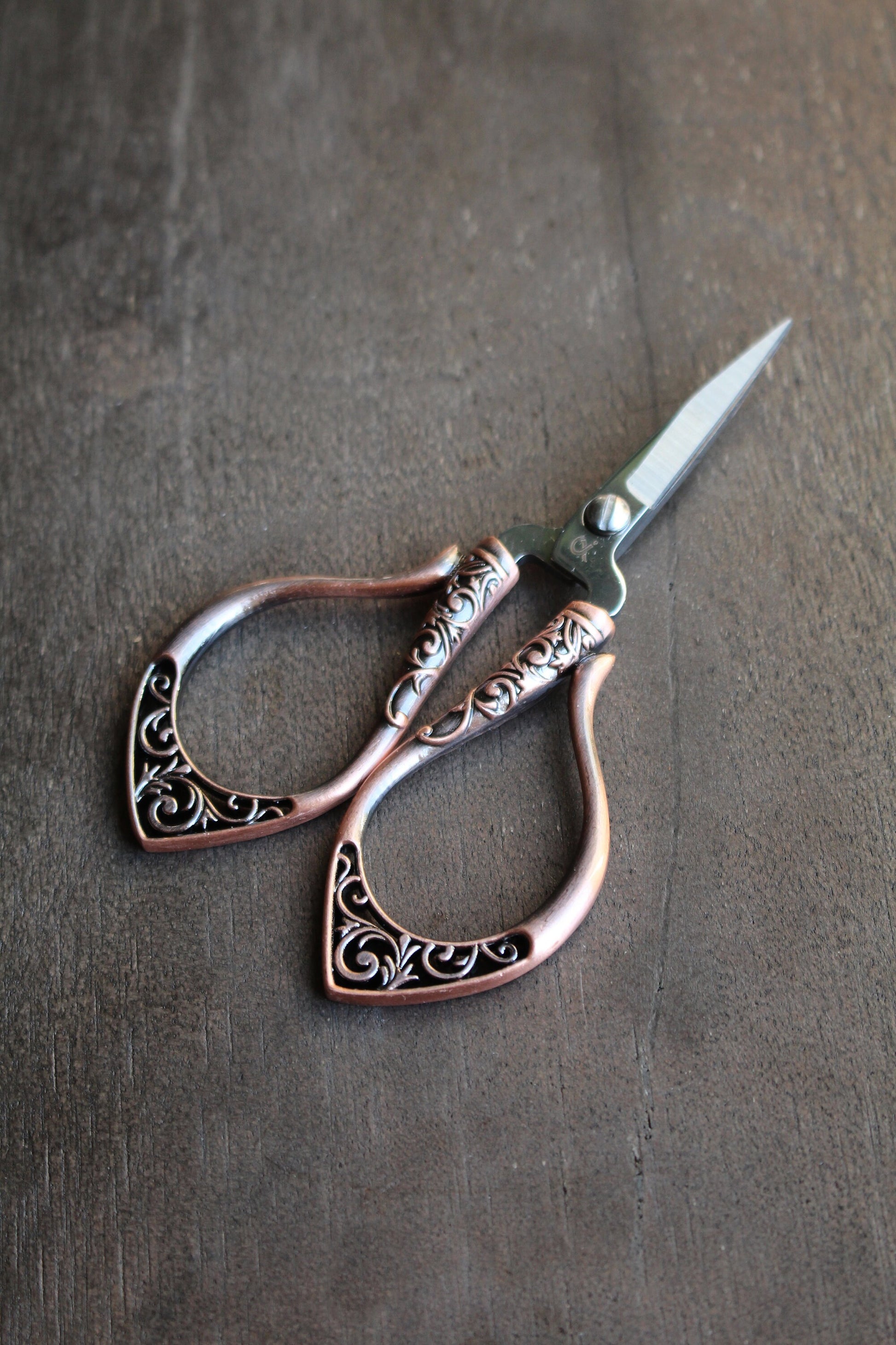 Secret Garden embroidery scissors in antique copper