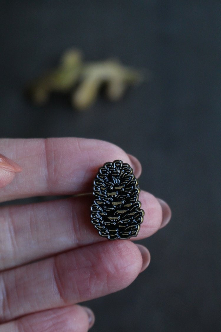 Outdoorsy Gift Idea • Antique Gold Enamel Pinecone Pin • Collectible Forest Themed Enamel Pin • Knit Shawl Pin Accessory