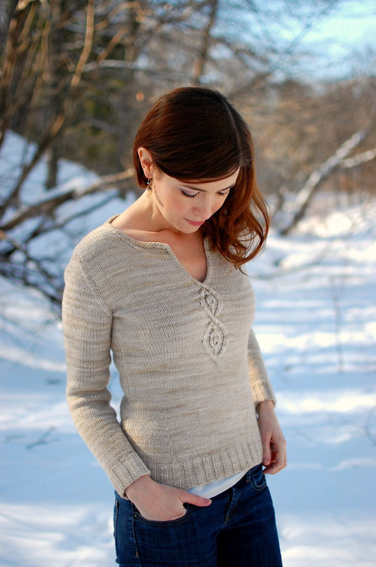 Women's V-neck Pullover Pattern • Cabled Leaf Pullover Knitting Pattern PDF • Intermediate Knit Pattern
