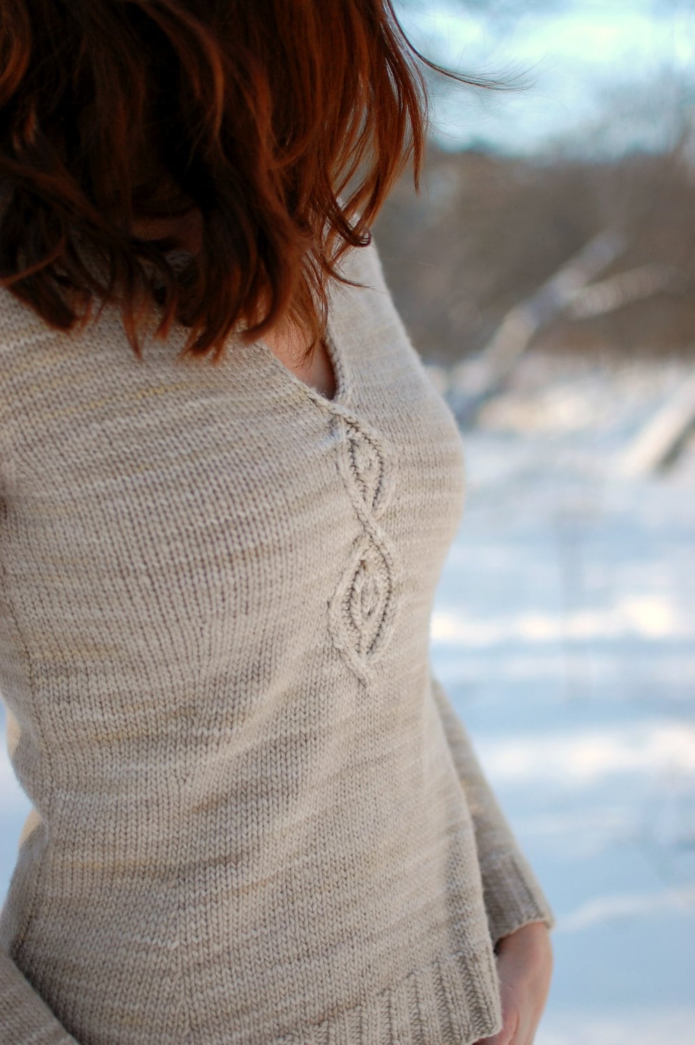 Women's V-neck Pullover Pattern • Cabled Leaf Pullover Knitting Pattern PDF • Intermediate Knit Pattern